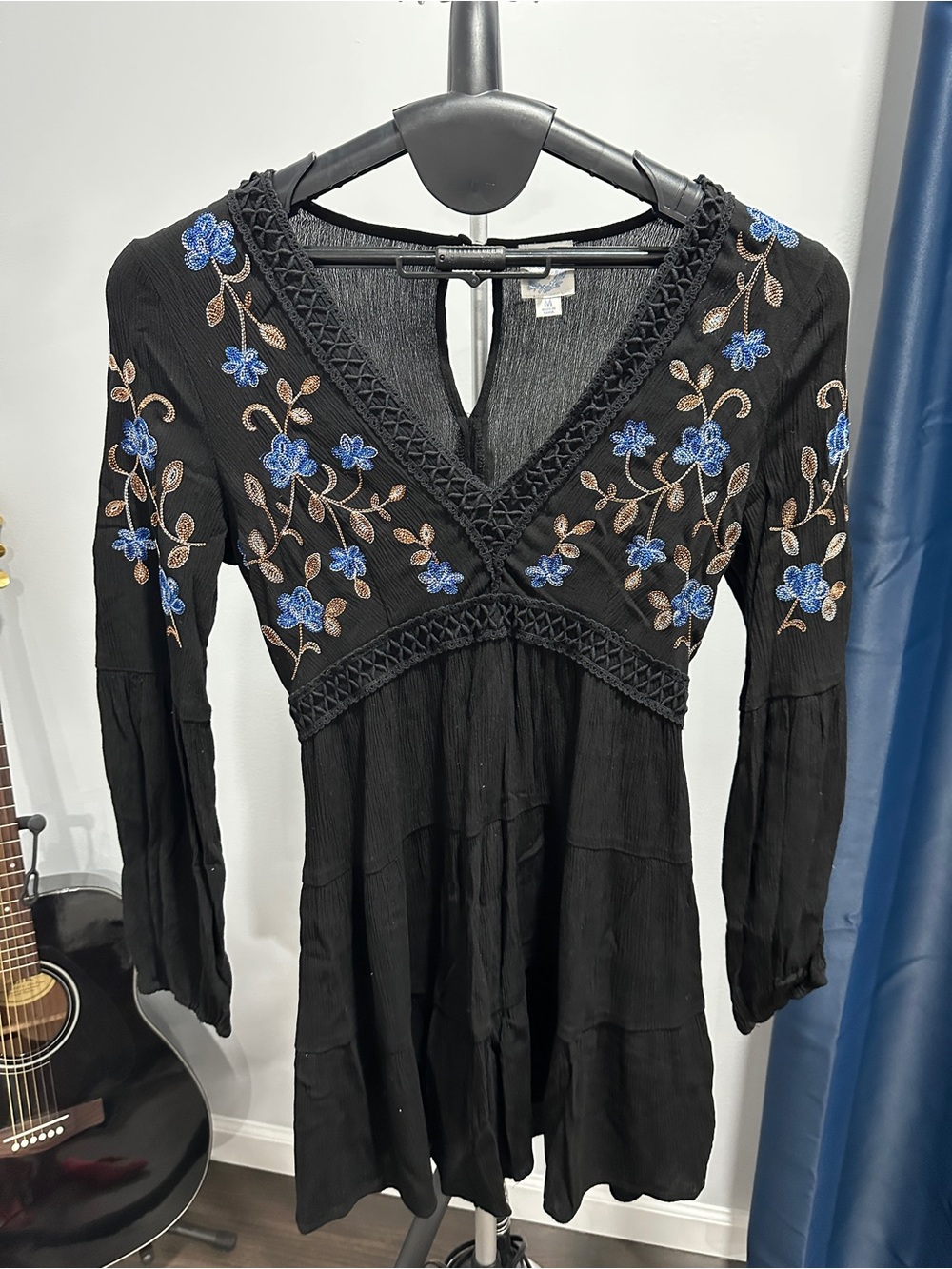 Black V-Neck Boho Dress with Blue Floral Embroidery